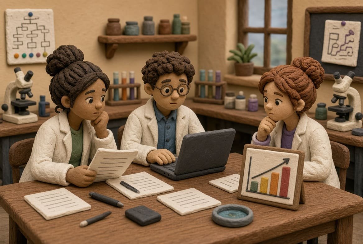 Illustration of a lab team comparing workflows and plans