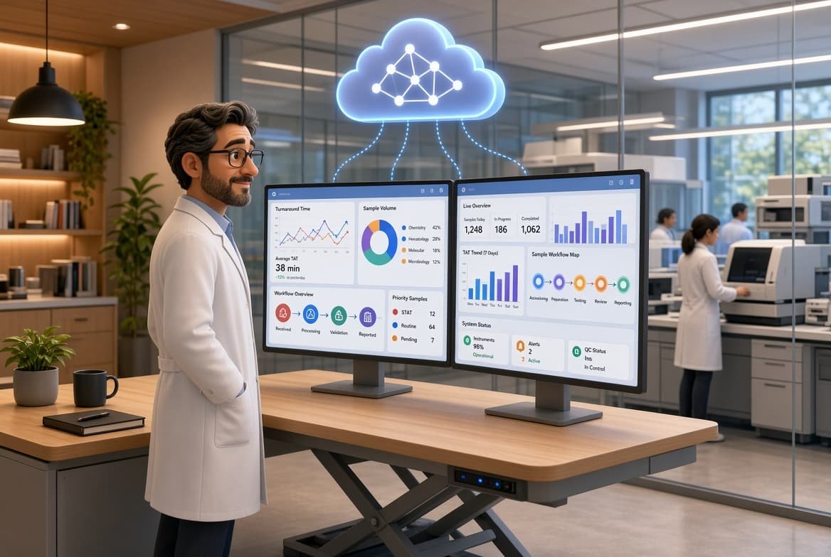Illustration of laboratory workflow dashboards and cloud connectivity