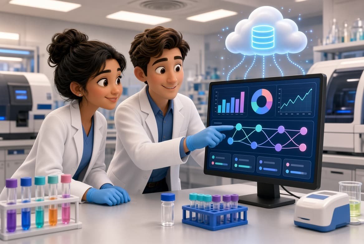Illustration of laboratory staff reviewing connected data